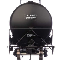 55' Trinity 30,145-Gallon Tank Car - Ready to Run -- Canadian General Transit CGTX #30744 (black, white, yellow conspicuity marks