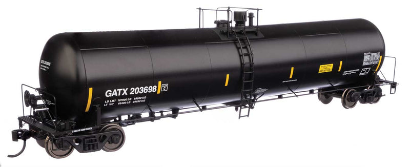 55' Trinity 30,145-Gallon Tank Car - Ready to Run -- GATX Corporation GATX #203698 (black, white, yellow conspicuity marks)-1