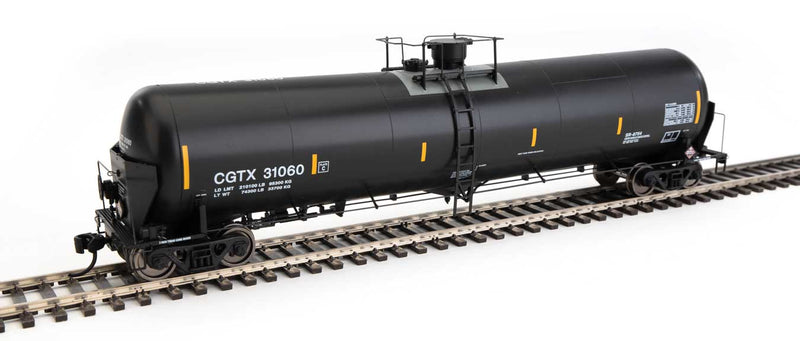 55' Trinity Modified 30,145-Gallon Tank Car - Ready to Run -- GATX Rail Canada CGTX #31060 (black, white; yellow conspicuity marks)-1
