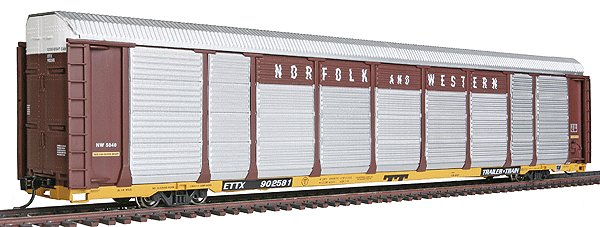 89' Thrall Enclosed Tri-Level Auto Carrier - Ready to Run -- Norfolk & Western ETTX #902581 (brown Rack, yellow Trailer-Train Flat)
