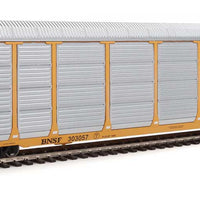 89' Thrall Enclosed Tri-Level Auto Carrier - Ready to Run -- Burlington Northern Santa Fe Rack and Flat #303057 (yellow, Circle-Cross Log