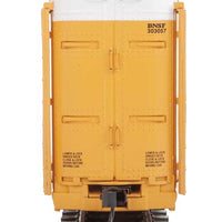 89' Thrall Enclosed Tri-Level Auto Carrier - Ready to Run -- Burlington Northern Santa Fe Rack and Flat #303057 (yellow, Circle-Cross Log
