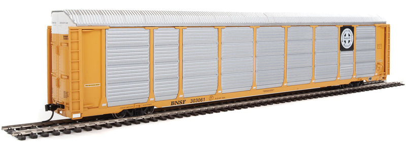 89' Thrall Enclosed Tri-Level Auto Carrier - Ready to Run -- Burlington Northern Santa Fe Rack and Flat #303061 (yellow, Circle-Cross Log-1