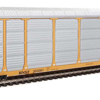 89' Thrall Enclosed Tri-Level Auto Carrier - Ready to Run -- Burlington Northern Santa Fe Rack and Flat #303061 (yellow, Circle-Cross Log