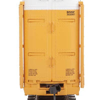 89' Thrall Enclosed Tri-Level Auto Carrier - Ready to Run -- Burlington Northern Santa Fe Rack and Flat #303061 (yellow, Circle-Cross Log