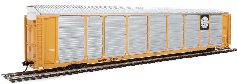 89' Thrall Enclosed Tri-Level Auto Carrier - Ready to Run -- Burlington Northern Santa Fe Rack and Flat #303084 (yellow, Circle-Cross Log-1