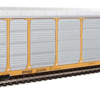 89' Thrall Enclosed Tri-Level Auto Carrier - Ready to Run -- Burlington Northern Santa Fe Rack and Flat #303084 (yellow, Circle-Cross Log
