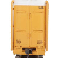 89' Thrall Enclosed Tri-Level Auto Carrier - Ready to Run -- Burlington Northern Santa Fe Rack and Flat #303084 (yellow, Circle-Cross Log