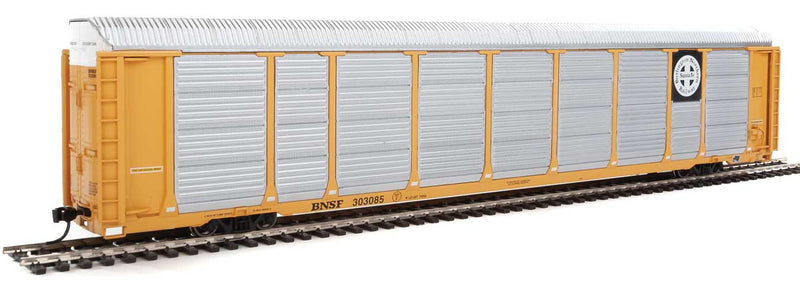 89' Thrall Enclosed Tri-Level Auto Carrier - Ready to Run -- Burlington Northern Santa Fe Rack and Flat #303085 (yellow, Circle-Cross Log-1