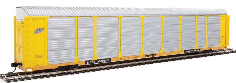 89' Thrall Enclosed Tri-Level Auto Carrier - Ready to Run -- Chicago & North Western(TM) ETTX Flat #802647 (yellow, silver)-1
