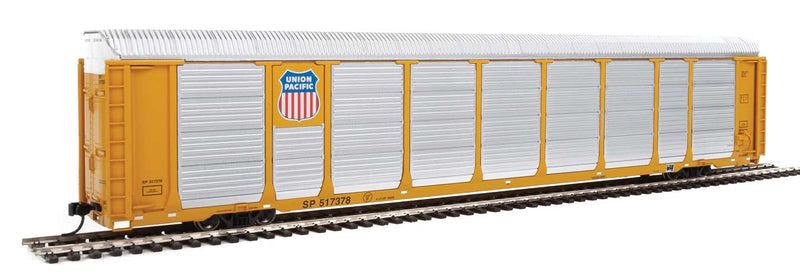 89' Thrall Enclosed Tri-Level Auto Carrier - Ready to Run -- Union Pacific(R) Rack, Flat SP(TM) #517378 (yellow, silver, Shield Logo)-1