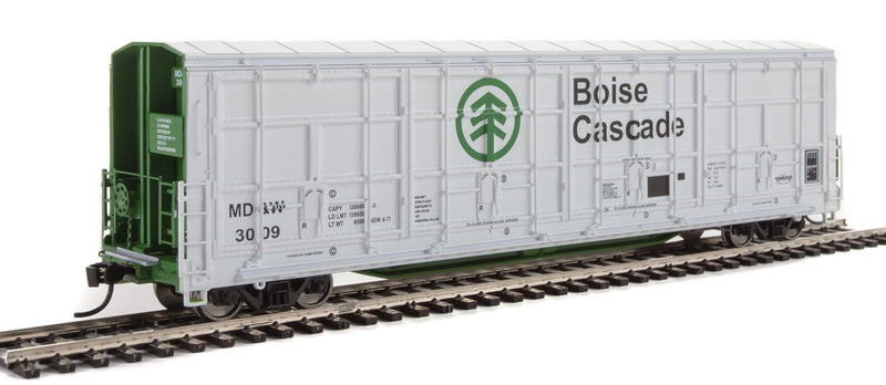 56' Thrall All-Door Boxcar - Ready to Run -- Boise Cascade - Minnesota, Dakota & Western #3009 (white, green, black)-1