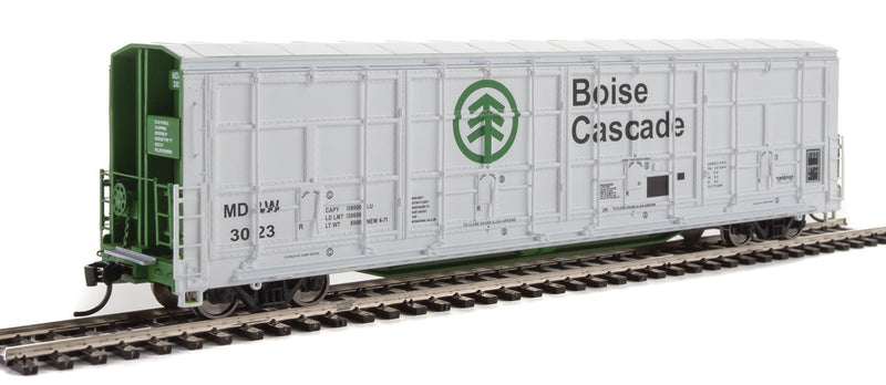 56' Thrall All-Door Boxcar - Ready to Run -- Boise Cascade - Minnesota, Dakota & Western #3023 (white, green, black)-1