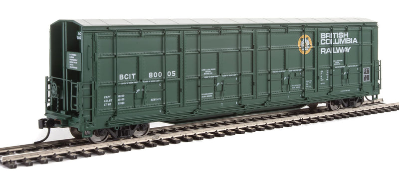 56' Thrall All-Door Boxcar - Ready to Run -- British Columbia BCIT #800105 (green, white, yellow; Dogwood Logo)-1