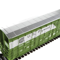56' Thrall All-Door Boxcar - Ready to Run -- US Plywood #1414 (green, white)