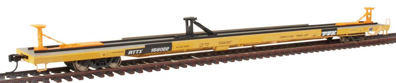89' Bethlehem Flush-Deck Flatcar - Ready to Run -- Trailer-Train RTTX #160907 (yellow, black; Pullman & ACF Hitches, Triple 28)