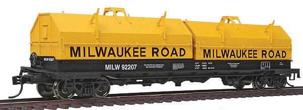 50' Evans Cushion Coil Car - Ready to Run -- Milwaukee Road #92207 (black car, angled yellow hoods, Large Lettering)