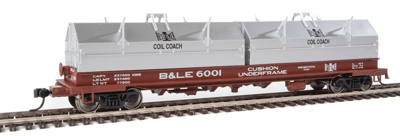 50' Evans Cushion Coil Car - Ready to Run -- Bessemer & Lake Erie #6001 (Angled Hoods; Oxide, gray, white, black)-1