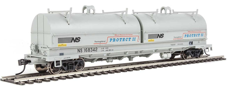 50' Evans Cushion Coil Car - Ready to Run -- Norfolk Southern #168342 (Round Hoods; gray, black; Protect II Markings)-1