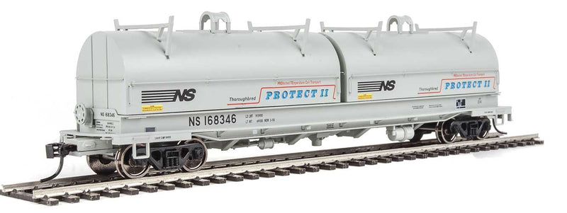 50' Evans Cushion Coil Car - Ready to Run -- Norfolk Southern #168346 (Round Hoods, gray, black, Protect II Markings)-1