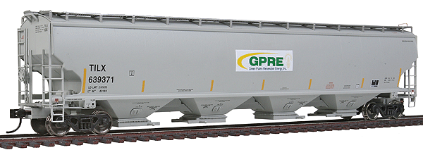 67' Trinity 6351 4-Bay Covered Hopper - Ready to Run -- Green Plains Renewable Energy TILX #639371 (gray, green, yellow Conspicuity)