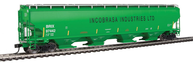 67' Trinity 6351 4-Bay Covered Hopper - Ready to Run -- Incobrasa Industries Limited BRIX #97442 (green, yellow conspicuity stripes)-1