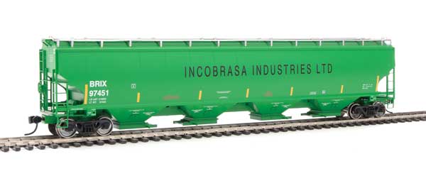 67' Trinity 6351 4-Bay Covered Hopper - Ready to Run -- Incobrasa Industries Limited BRIX #97451 (green, yellow conspicuity stripes)-1