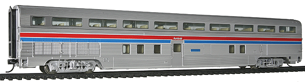85' Budd Hi-Level 72-Seat Coach - Ready to Run -- Amtrak (Plated Metal Finish; Phase II; Stripes Above Door)