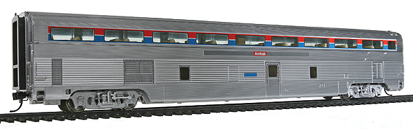 85' Budd Hi-Level 72-Seat Coach - Lighted - Ready to Run -- Amtrak (Plated Metal Finish; Phase I, Stripes in Upper Window Panel)