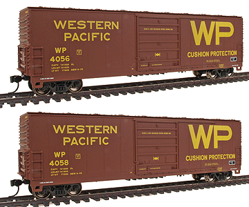 PROTO 1000 Evans 50' High-Roof Boxcar Limited-Run 2-Pack Ready to Run -- Western Pacific #4056 & #4058 (large WP logo)