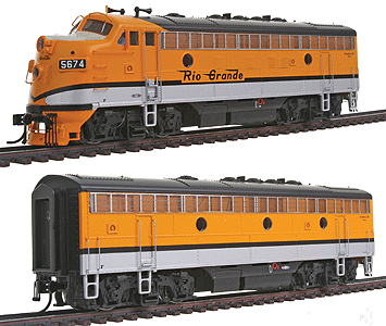 PROTO 2000 Diesel EMD F7A-B Set Powered w/Sound & DCC -- Denver & Rio Grande Western(TM) #5674, #5673 (aluminum, orange; single strip