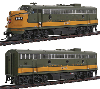 PROTO 2000 Diesel EMD F7A-B Set Powered w/Sound & DCC -- Canadian National #9028 (A) & #9029 (B)  (olive, yellow)
