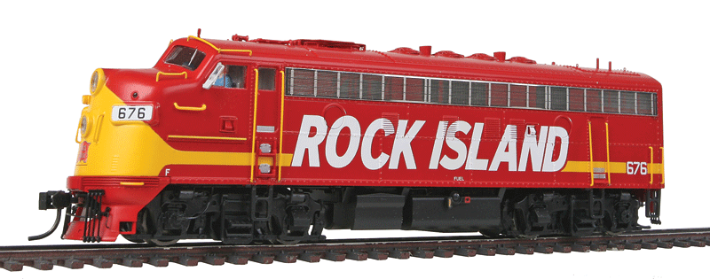 EMD F7A - Tsunami(R) Sound & DCC -- Rock Island #676 (Commuter Scheme; red, yellow, white; Billboard Lettering)-1