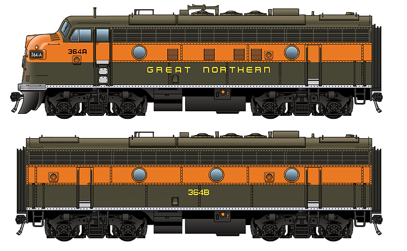 EMD F7A-B Set - Tsunami(R) Sound & DCC -- Great Northern #364A, 364B (Simplified Scheme; Omaha Orange, green)-1
