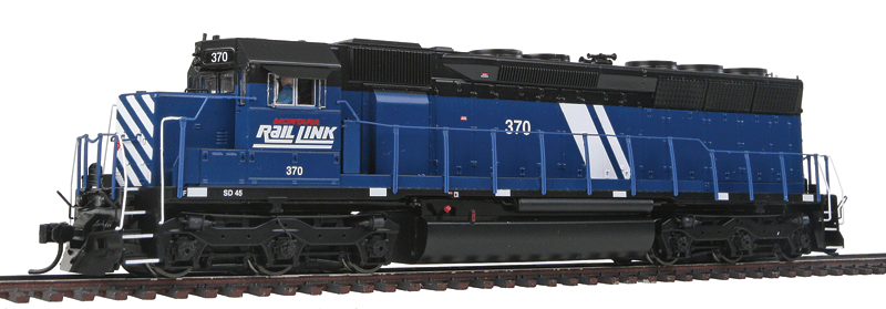 EMD SD45 - Standard DC -- Montana Rail Link #370 (Late 1990s-2005; blue, black, white)