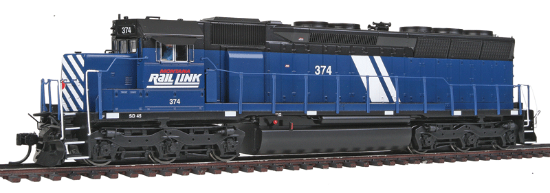 EMD SD45 - Standard DC -- Montana Rail Link #374 (Late 1990s-2005; blue, black, white)