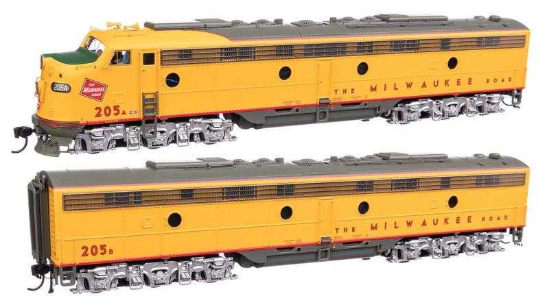 EMD E9A - E9B - Standard DC - City of San Francisco -- Milwaukee Road #205A, 205B (yellow, gray, red)-1