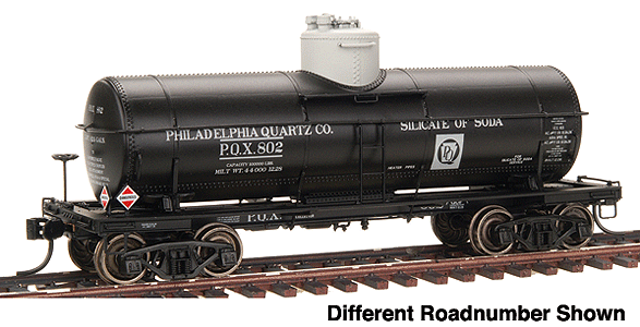 PROTO 2000 Type 21 8,000-Gallon Tank Car w/K Brakes Time-Saver(R) Kit -- Philadelphia Quartz Co. PQX 806 (black, Aluminum lettering, gray dome & logo