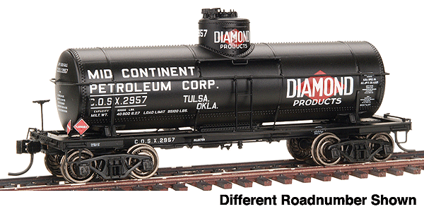 PROTO 2000 Type 21 8,000-Gallon Tank Car w/K Brakes Time-Saver(R) Kit -- Mid-Continent Petroleum COSX 2951 (black, white, red Diamond Products logo)