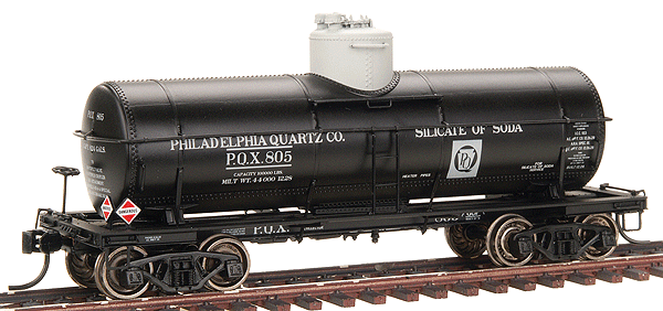 PROTO 2000 Type 21 8,000-Gallon Tank Car w/K Brakes Ready to Run -- Philadelphia Quartz Co. PQX 805 (black, Aluminum lettering, gray dome & logo