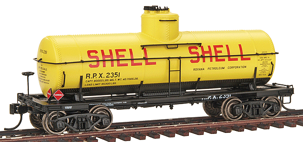 PROTO 2000 Type 21 8,000-Gallon Tank Car w/K Brakes Ready to Run -- Roxana Petroleum (Shell) RPX 2351 (yellow tank, black frame, red lettering)