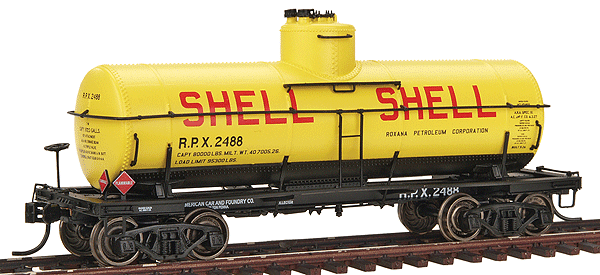PROTO 2000 Type 21 8,000-Gallon Tank Car w/K Brakes Ready to Run -- Roxana Petroleum (Shell) RPX 2488 (yellow tank, black frame, red lettering)