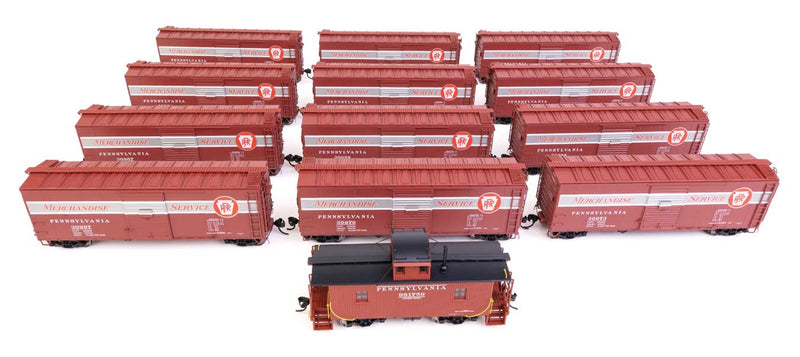 Pennsylvania Railroad Merchandise Service Freight Train -- Pennsylvania Railroad (Set #2; 12 40' Rebuilt x29b Boxcars, N6B Caboose)-1