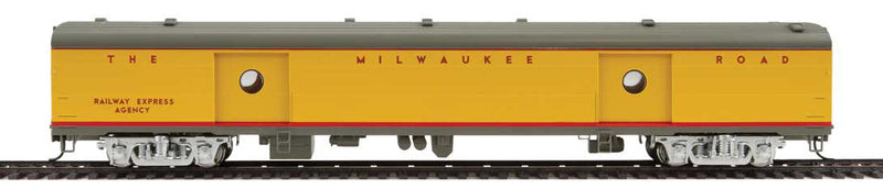 75' Milwaukee Road Express Car - Ready to Run -- Twin Cities Hiawatha - Milwaukee Road (yellow, gray, red; Decals)-1