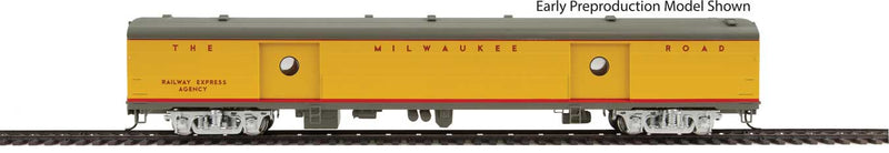 75' Milwaukee Road Express Car - Ready to Run -- Twin Cities Hiawatha - Milwaukee Road #1328 (yellow, gray, red)-1