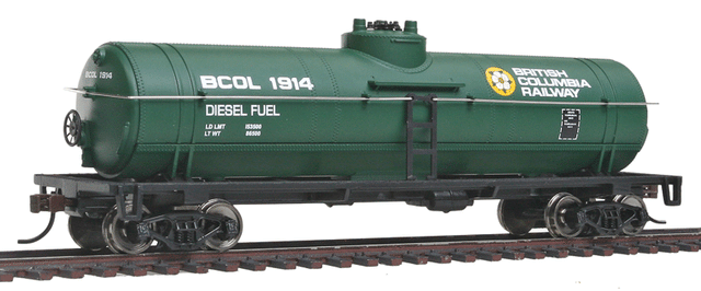 Tank Car - Ready To Run -- British Columbia Railway (green, yellow, white; Dogwood Logo)-1
