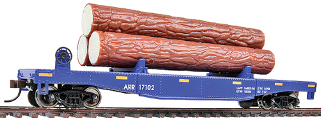 Log Dump Car with 3 Logs - Ready to Run -- Alaska Railroad #17102 (blue, yellow Conspicuity Marks)-1