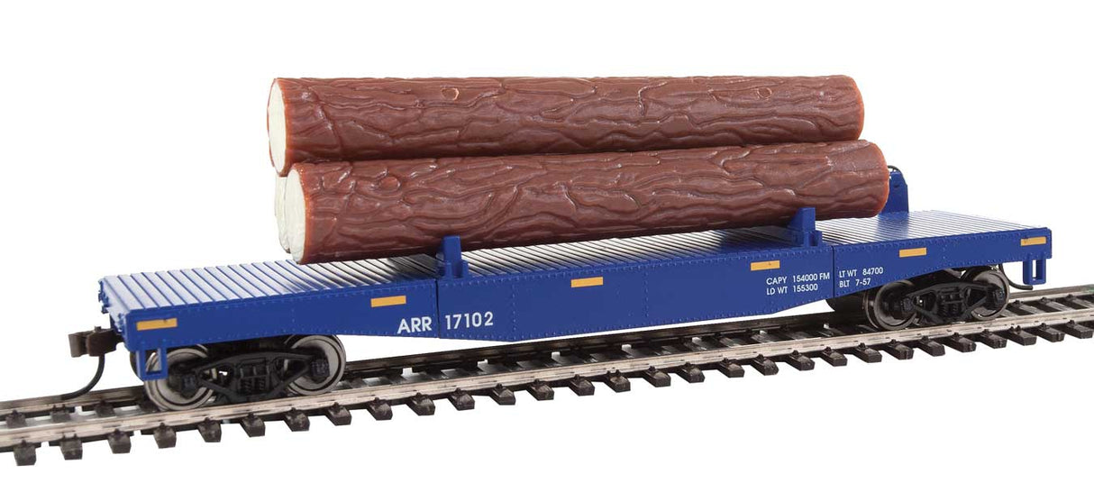 Log Dump Car with 3 Logs - Ready to Run -- Alaska Railroad #17102 (blue, yellow Conspicuity Marks)-2
