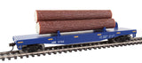 Log Dump Car with 3 Logs - Ready to Run -- Alaska Railroad #17102 (blue, yellow Conspicuity Marks)-2