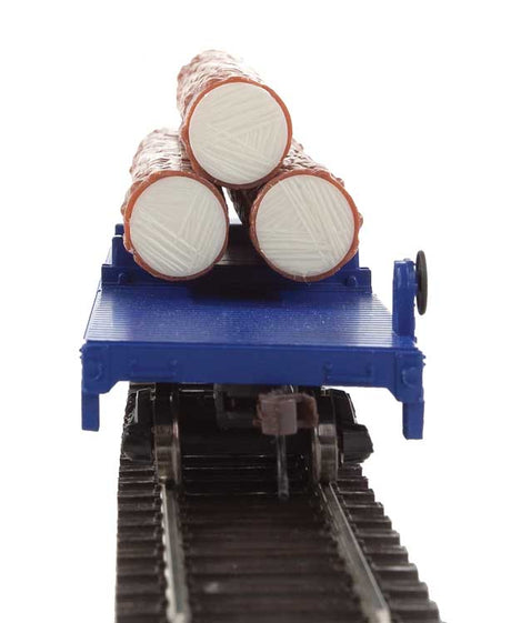 Log Dump Car with 3 Logs - Ready to Run -- Alaska Railroad #17102 (blue, yellow Conspicuity Marks)-3